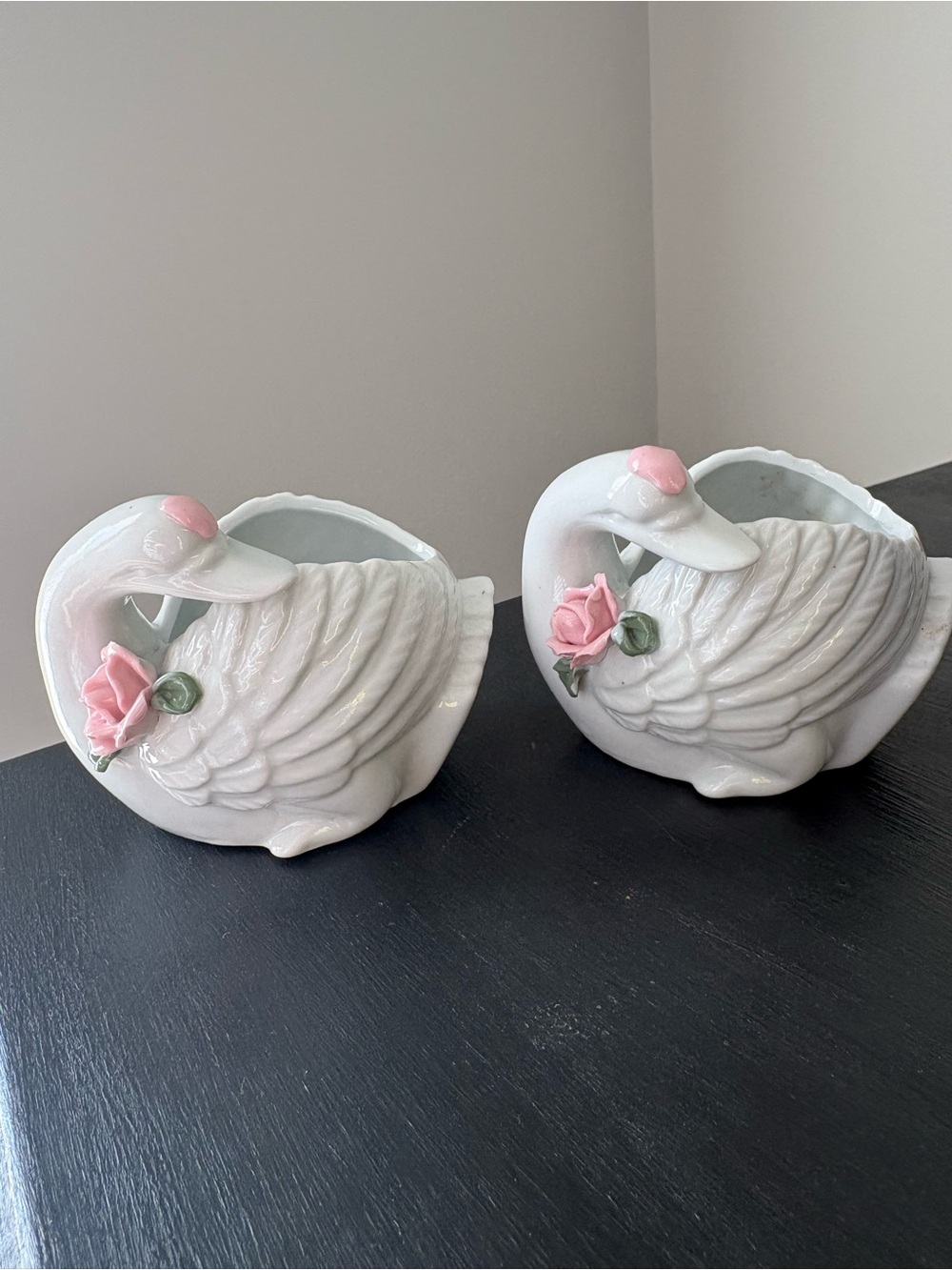 Vintage set of 2 small White Ceramic Swan Planter with Pink Rose Accent
